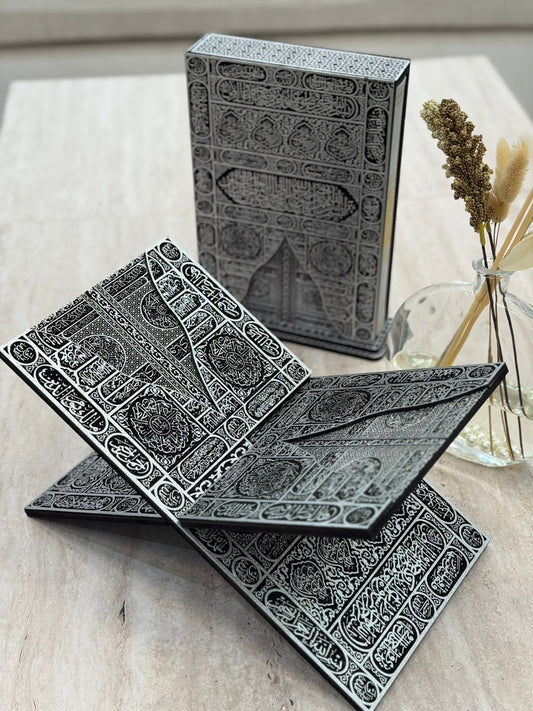 كفر مصحف خشب محفر مع ستاند مصحف--wooden engraved quran cover with quran stand and leather quran