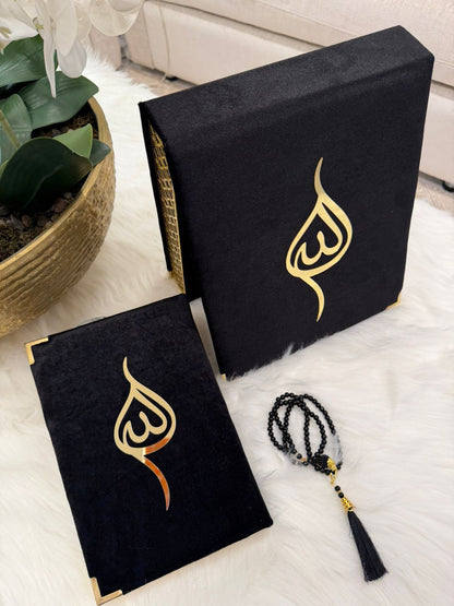 Velvet Qur’an Set with Misbaha – Embroidered Velvet Box with Acrylic