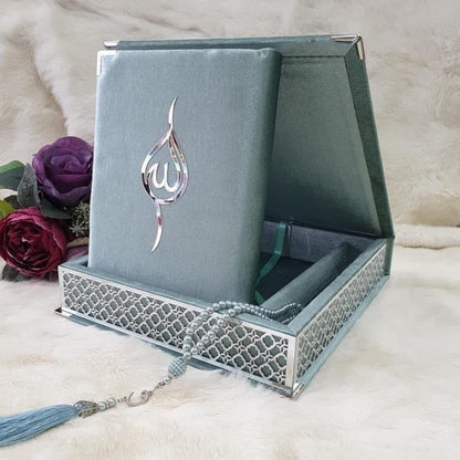 بكج مصحف مخمل مع مسبحة – بوكس مخمل مطرز بالأكريلك